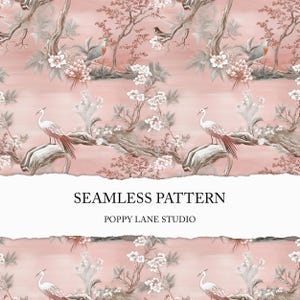 exotisch chinoiseriepatroon, roze chinoiserieachtergrond, naadloos bloemenpatroon vogel, blush roze vintage digitaal papier, cottagecore-ontwerp