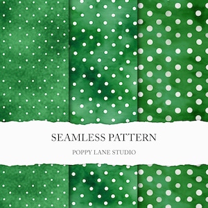 May include: A seamless pattern design with a watercolour effect, featuring a green background and white polka dots. The text "SEAMLESS PATTERN" and "POPPY LANE STUDIO" are displayed in the centre.