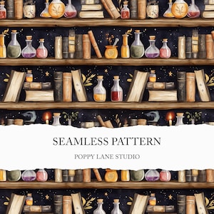 witchcraft seamless pattern background, alchemy shelf, seamless bookshelf pattern, potion bottle background, Halloween pattern, library wall