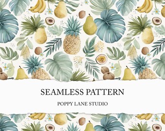 tropical fruit seamless pattern, green exotic background, modern botanical print, foliage JPEG, seamless botanical file, pineapple banana