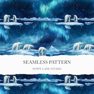 watercolour polar bear pattern, polar night background, aurora borealis seamless file, Nordic winter background, polar bear seamless print