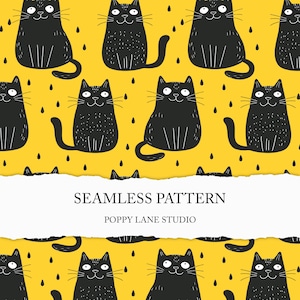 Patrón de gato amarillo cortado, papel digital de gato amarillo, gato sin costuras, fondo de mascota moderno, tela imprimible de gato negro, diseño textil retro JPEG