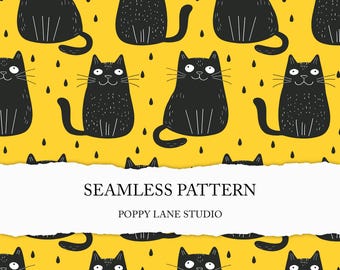 cut yellow cat pattern, yellow cat digital paper, cat seamless, modern pet background, black cat printable fabric, retro textile design JPEG