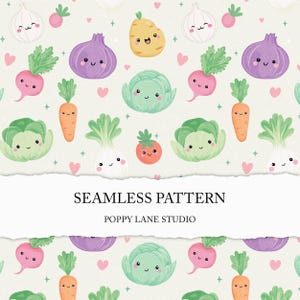 May include: A seamless pattern with cute cartoon vegetables such as onions, radishes, carrots, cabbage, tomatoes, and a pear. The design includes hearts and stars on a light background. The text "SEAMLESS PATTERN" and "POPPY LANE STUDIO" are also present.