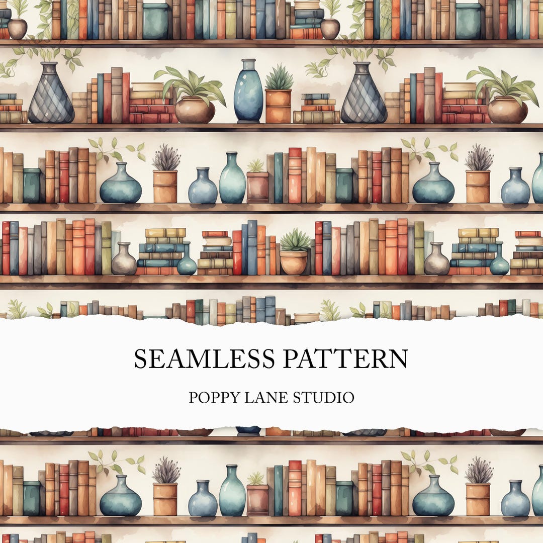 Cute Seamless Bookshelf Background, Watercolor Bookshelf Pattern ...