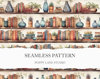 cute seamless bookshelf background, watercolor bookshelf pattern, bookshelf scrapbook paper, bookshelf printable paper, library wall pattern