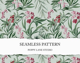 green exotic plant seamless pattern, watercolour botanical background, jungle seamless pattern, seamless red flowers, tropical fabric design