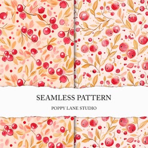 Modèle sans couture de fruits rouges, papier numérique de baies d'automne, fichier botanique sans couture dynamique, papier imprimable de canneberge, fichier sans couture d'automne, JPEG
