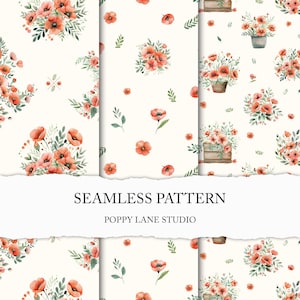 red poppy seamless pattern, poppy digital paper, red floral background, spring floral fabric design, cute poppy printable, commercial use