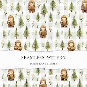 May include: A seamless pattern featuring watercolor illustrations of Bigfoot, pine trees, and wildflowers on a light green and white checkered background. The text "SEAMLESS PATTERN" and "POPPY LANE STUDIO" are displayed on a torn paper banner.