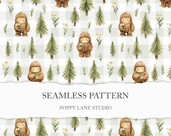 cute sasquatch seamless pattern, floral bigfoot background, cute cryptid printable paper, watercolour cryptid, seamless bigfoot kids design
