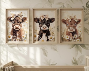 cute highland cow print, cow girls printable, nursery décor, highland cow illustrations for kids room, cow wall art, neutral colour wall art