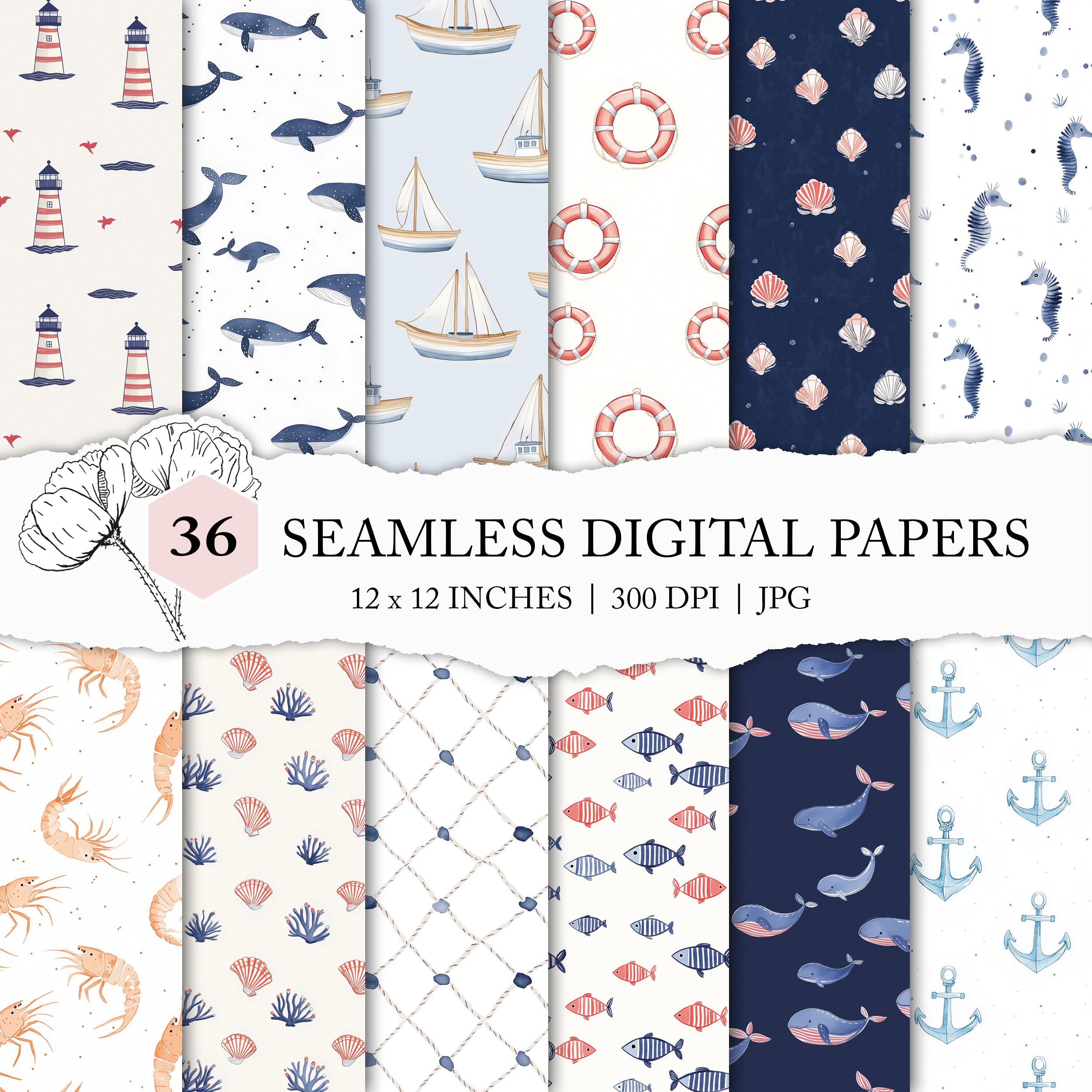 seamless maritime pattern, minimalist nautical background, nautical seamless file, ocean digital paper, seaside print, watercolor lighthouse