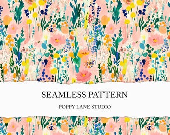 May include: A seamless pattern featuring a vibrant floral design. The artwork showcases a mix of pink, yellow, blue, and green flowers and foliage against a light pink background. The text "SEAMLESS PATTERN" and "POPPY LANE STUDIO" are displayed.