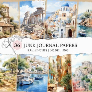 Diario de viaje de Grecia, papel digital de acuarela de Grecia, papel para diario basura de vacaciones en Grecia, papel para álbum de recortes de Grecia, lindo diario basura de viajes