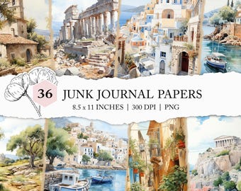 Greece travel journal, watercolour Greece digital paper, Greece holiday junk journal paper, Greece scrapbook paper, cute travel junk journal