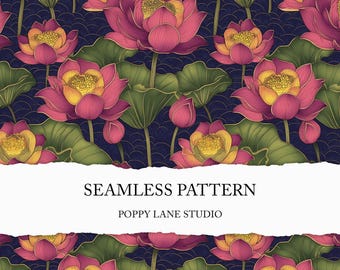 lotus seamless pattern, Asian water lily digital paper, seamless lotus file, Asian floral background, lotus pond printable, surface pattern