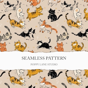 Puede incluir: Un patrón sin costuras con gatos de dibujos animados en naranja, negro, blanco y gris sobre un fondo beige. Los gatos están en diferentes poses. También se ve el texto "SEAMLESS PATTERN" y "POPPY LANE STUDIO".