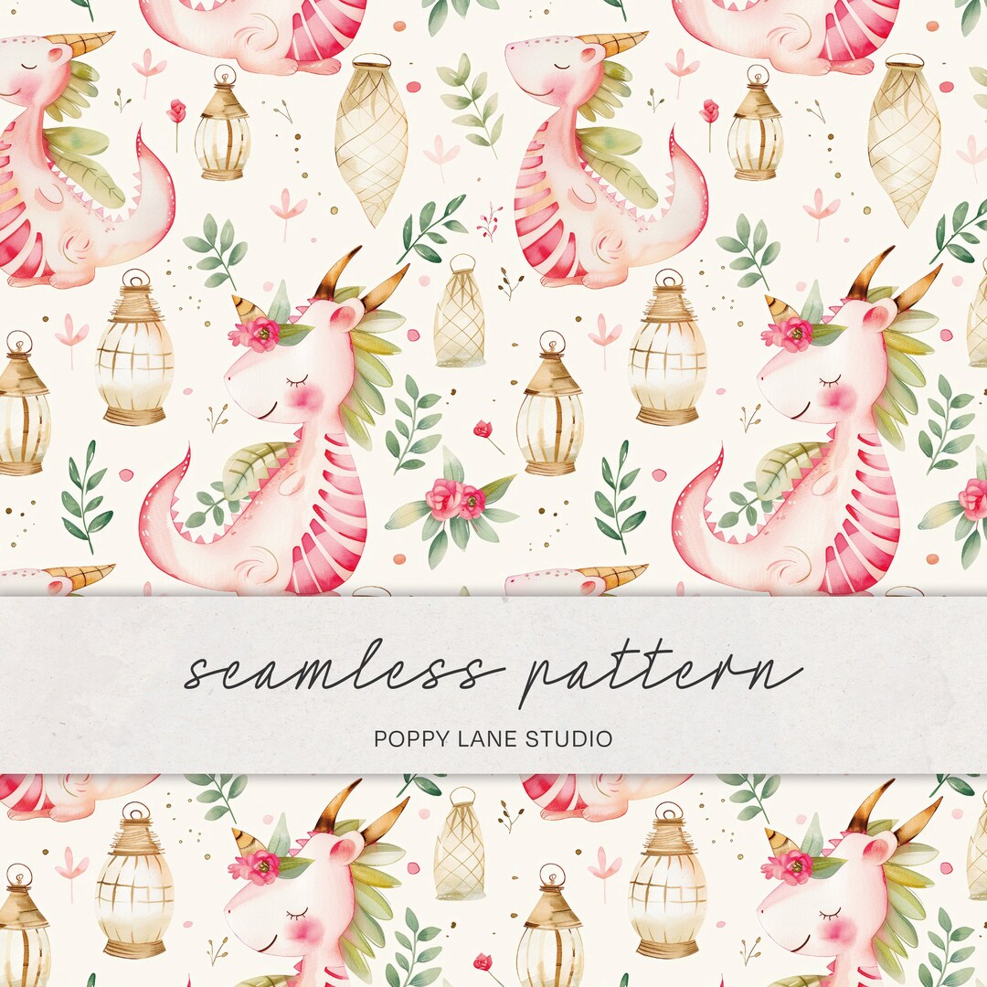 Pink Dragon Pattern, Cute Watercolour Dragon Background, Girly Fairy ...