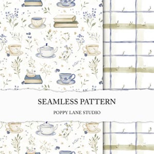 afternoon tea naadloos patroon, naadloze theetijdachtergrond, theekopjes en boeken digitaal papier, cottagecore-stofprint, naadloos boekbestand