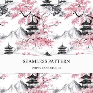 Motivo giapponese senza soluzione di continuità, sfondo paesaggio asiatico, toile de jouy giapponese, carta digitale sakura, tempio chinoiserie senza soluzione di continuità, stampa paesaggio