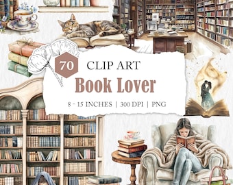 book clip art, watercolour book lover, transparent PNG, book worm clipart, reading clip art, bibliophile illustrations, bookshelf graphics