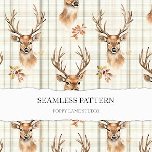 seamless deer pattern, watercolour deer background, deer seamless file, buck stag antler, commercial use, deer custom fabric, deer printable