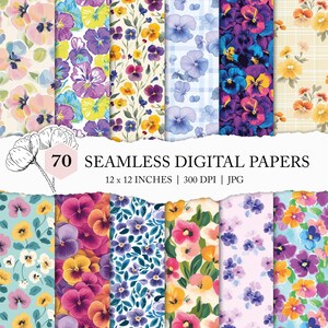 Puede incluir: Una colección de 70 papeles digitales sin costuras, cada uno de 30,48 x 30,48 cm, con patrones florales. Los diseños muestran pensamientos coloridos en varios arreglos, con una variedad de fondos y estilos. La imagen incluye el texto "70 SEAMLESS DIGITAL PAPERS".