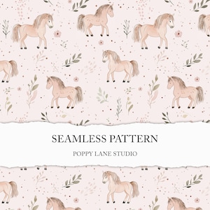 May include: A seamless pattern featuring watercolor illustrations of tan horses with flowing manes and tails. The horses are set against a light pink background with floral and leaf accents. The text "SEAMLESS PATTERN" and "POPPY LANE STUDIO" are also visible.