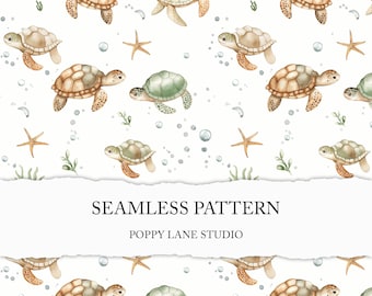 cute watercolour seamless turtle pattern, sea turtle seamless background, seamless turtle pattern, digital turtle background, printable file