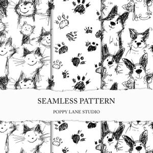 May include: Black and white seamless pattern featuring sketched cats, dog paw prints, and dog faces. The text "SEAMLESS PATTERN" and "POPPY LANE STUDIO" are displayed on a white background.