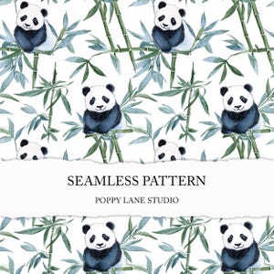 May include: Seamless pattern featuring watercolor illustrations of pandas among bamboo stalks and leaves. The pandas are black and white, with blue accents. The text "SEAMLESS PATTERN" and "POPPY LANE STUDIO" are displayed.
