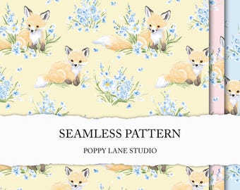pastel fox seamless pattern, preppy fox surface design, baby fox digital paper, seamless fox pattern, forest animals printable spring fabric