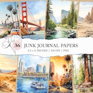 Viaggio in California, diario spazzatura della California, carta digitale acquerellata della California, carta per scrapbooking della California, diario di viaggio degli Stati Uniti, libro dei ricordi