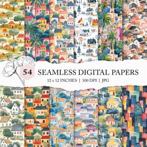 houses seamless pattern, town digital paper, village backgrounds, seamless city printable, cute house pattern, watercolour house craft paper