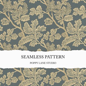 May include: A seamless pattern featuring a repeating design of stylized oak leaves in a light gold color on a dark blue background. The text "SEAMLESS PATTERN" and "POPPY LANE STUDIO" is displayed on a white banner.