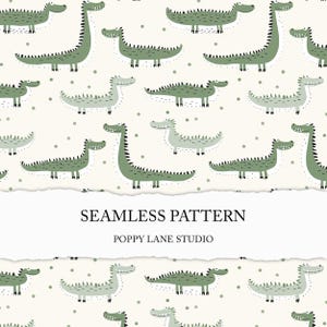 Könnte beinhalten: Nahtloses Muster mit einem sich wiederholenden Design aus grünen Krokodilen auf weißem Hintergrund mit grünen Punkten. Das Muster ist mit "Seamless Pattern" und "Poppy Lane Studio" beschriftet.