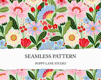 seamless colourful flower pattern, bold summer flower background, abstract floral digital paper, preppy floral textile design, seamless file