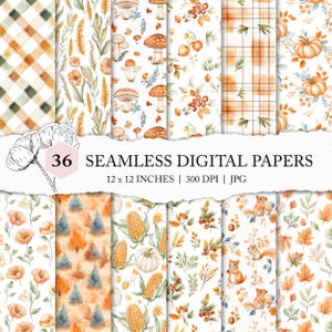 May include: A set of 36 digital papers featuring various autumnal patterns, including plaid, mushrooms, corn, pumpkins, squirrels, and floral designs. The papers are 12x12 inches and 300 DPI.