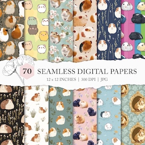 May include: A collection of 70 seamless digital papers, each 12 x 12 inches, featuring various patterns of guinea pigs in different colors and poses. The papers are in JPG format and are 300 DPI. The image includes text that reads "70 SEAMLESS DIGITAL PAPERS".