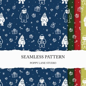 May include: Seamless pattern design featuring a repeating pattern of white cartoon yeti characters, gift boxes, and candy canes on a navy blue background. Additional color variations include red, green, and yellow. The text "SEAMLESS PATTERN" and "POPPY LANE STUDIO" are also visible.