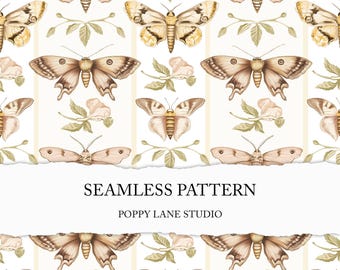 moth seamless pattern, academia background, fall seamless pattern, beige moth printable, critter scrapbook, farmhouse, autumn fabric design