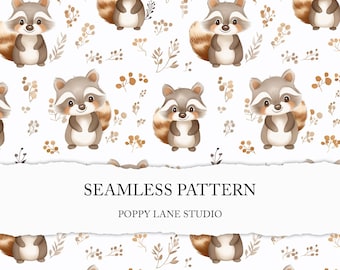 baby raccoon pattern, watercolour raccoon background, seamless raccoon pattern, cute raccoon digital paper, instant download, commercial use