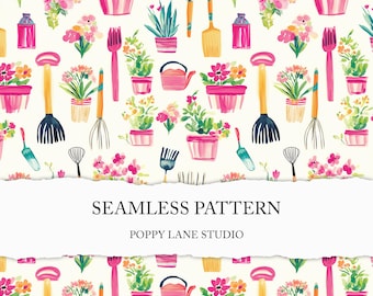 colorful gardening seamless pattern, pink gardening tools background, girls seamless file, watercolour gardening digital paper, garden tools