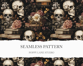 vintage skull background, books and skulls digital paper, floral skull seamless pattern, skull printable file, floral skull scrapbook paper