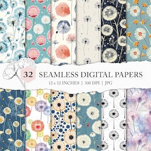 dandelion seamless pattern, cute dandelion background, dandelion digital paper, seamless dandelion pattern, dandelion scrapbook paper, JPEG