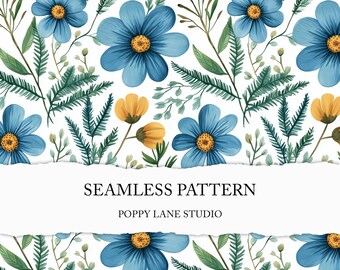 cute blue flower digital background, blue wildflower background, seamless blue flower pattern, preppy blue floral pattern, wildflower print