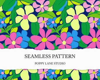 vibrant modern floral seamless file, summer seamless fabric print, bold flower seamless pattern, retro floral design, colourful floral paper