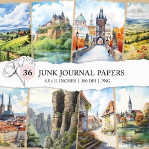 Pages de journal de la République tchèque, impression de paysage à l'aquarelle, carte postale de la République tchèque, journal imprimable de la camelote de la République tchèque, scrapbooking de voyage de la République tchèque
