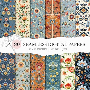 Scandinavian folk art pattern, Norwegian rosemaling seamless file, seamless folk art pattern, floral digital paper, Norway floral background